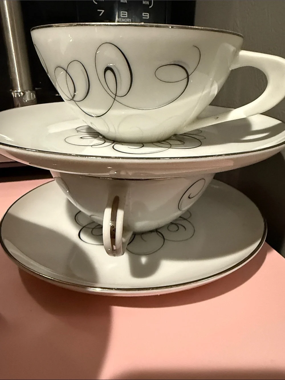 Style House Fine China Teacup and Saucer Set with Silver Scroll Accent- set of 6